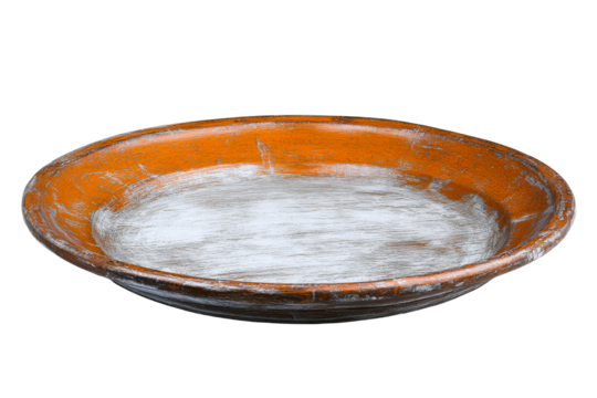 Distressed orange and white shallow wooden bowl, cut out transparent