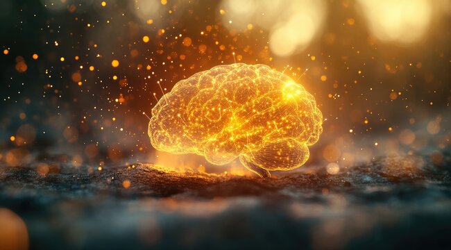 Glowing brain, sprouting from dark earth, sparks surround