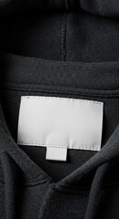 Blank white clothing label mockup inside a dark gray or black hoodie. Perfect for streetwear branding or casual athletic apparel tags.