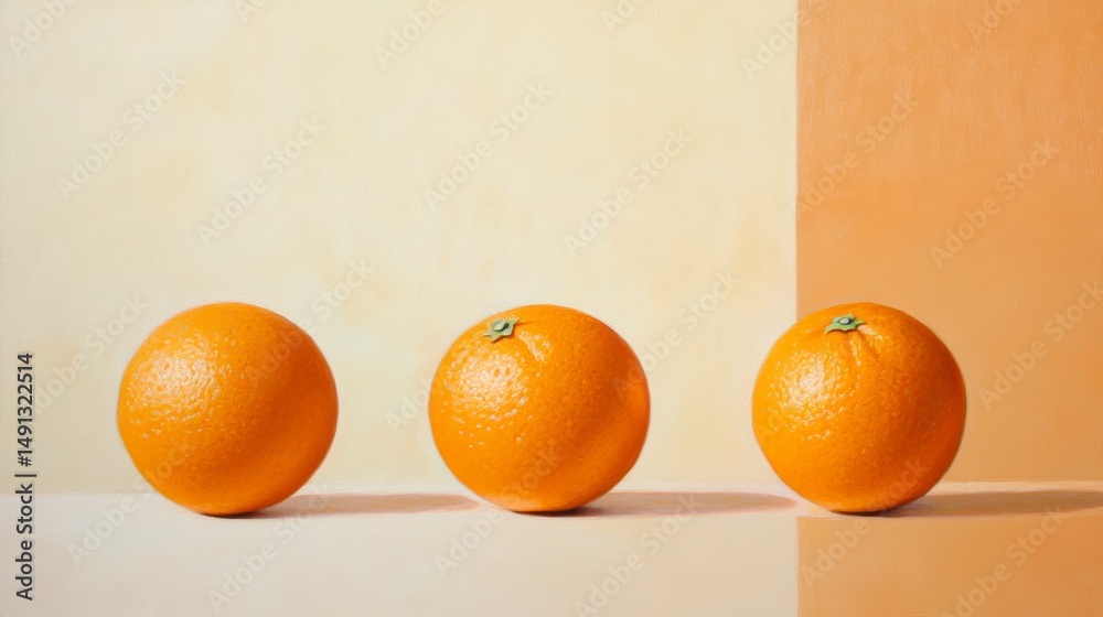 Poster three ripe oranges in a row against a pale orange and yellow background.