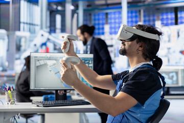 Plakat Photovoltaics factory engineer using VR goggles to analyze and modify assembly line configurations. Solar panels plant specialist using virtual reality gear to do system performance optimizations
