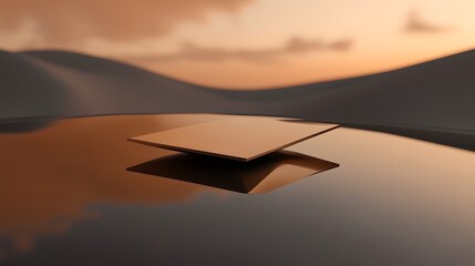 Golden Square on Reflective Surface Sunset Landscape Background Minimalist Product Display Mockup