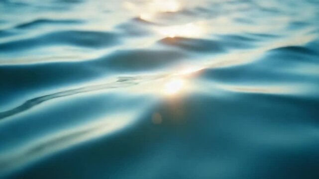 Motion of a sea water. Shiny reflections of the sun in water. Calm waves in the ocean with small ripples on a sunny day. Close-up.