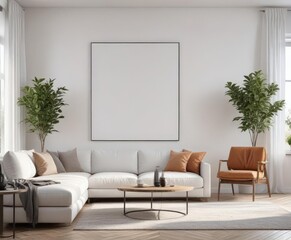 Modern living room, white wall, poster mockup clipped on  ,  backdrop,  interior