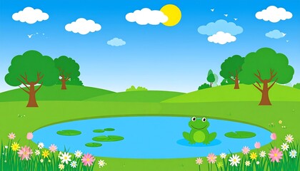 Obraz premium Happy Frog by Pond with Sunny Day.