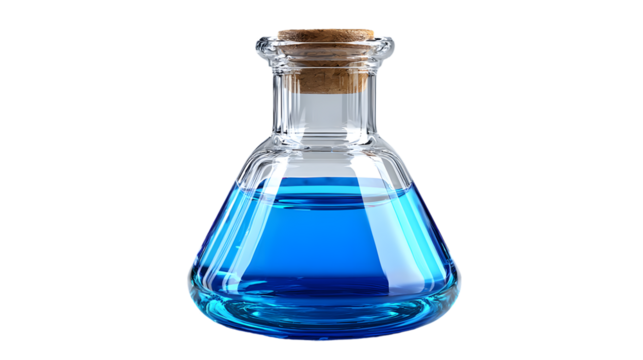 Glass Erlenmeyer Flask with Blue Liquid and Cork Stopper - Powered by Adobe