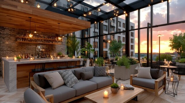 Cozy Rooftop Lounge with Sunset Views and Modern Interior Design