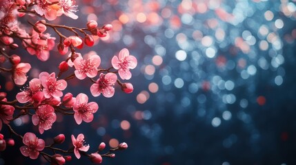 Pink Cherry Blossoms in Bloom Against a Blue Bokeh Background