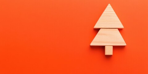 Simple wooden Christmas tree on vibrant red background