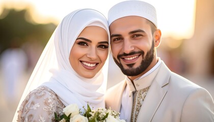 Happy Muslim couple portrait with sunset.