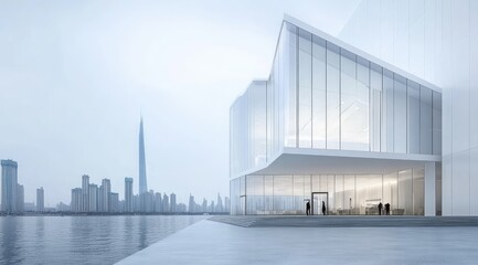 Modern architectural structure near a waterfront city