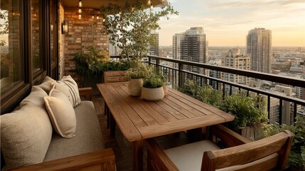 Fototapeta premium Cozy Urban Balcony with Wooden Furniture and Greenery at Sunset