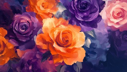 A vibrant bouquet of roses in various shades of orange, purple, and pink