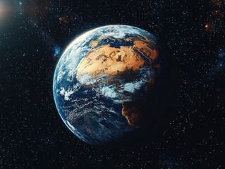 Obraz premium A detailed view of Earth from space, showing continents, oceans, and a starry backdrop. The planet is illuminated by sunlight