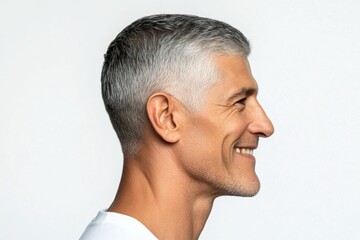 Fototapeta premium Fashionable men's textured crop haircut - midlife middle eastern man with short hair. A confident man making a stylish impression. Pure white solid background. Creative of style for aging men.