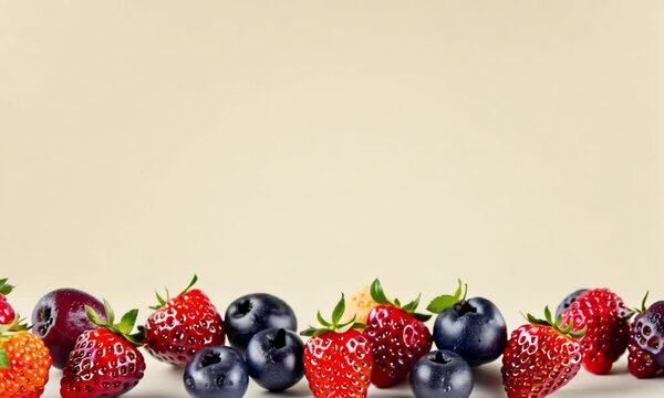 Scattered berries (strawberries, blueberries, raspberries) forming a loose lower border on a light cream backdrop, generous central zone open for text