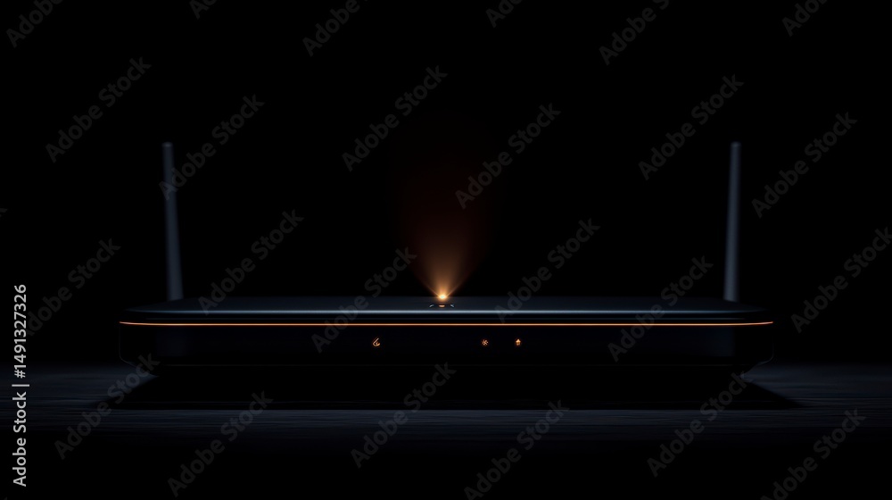 Aufkleber modern black wifi router with glowing light on dark background.