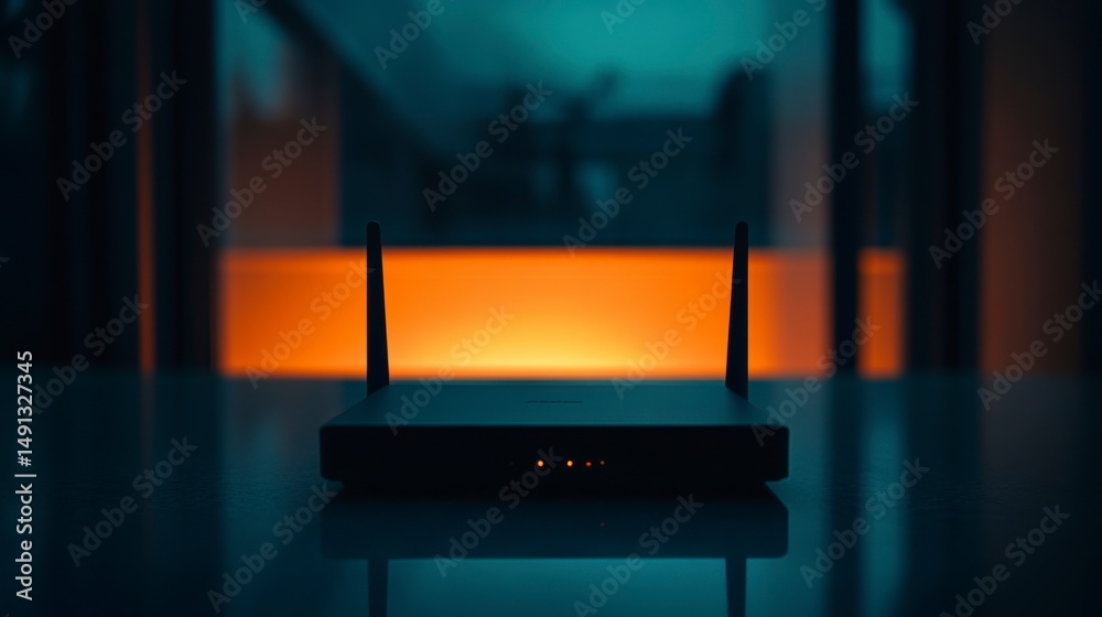 Poster modern wi-fi router on glass table, illuminated by warm background light.