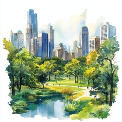 Obraz premium Serene Urban Park Watercolor Painting Lush Green Trees, Calm Water, Modern City Skyline