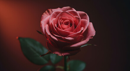 Fototapeta premium Pink Rose Flower with Green Leaves on Dark Background