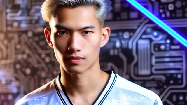 Stylish young asian gamer with silver undercut in futuristic jersey stares confidently into camera against tech-glow background with neon blue circuit graphics. Concept of esports and digital identity