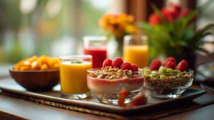 Mother&rsquo;s Day brunch, table filled with colorful smoothies, granola bowls, and fresh fruit, soft light illuminating the fresh dishes