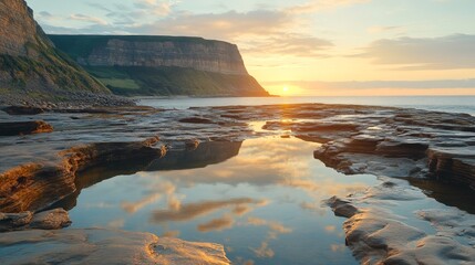 Dramatic coastal sunset reflected in tide pools.
