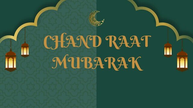 chand raat mubarak 4k animation with glowing gold text, eid night celebration greeting, festive islamic holiday video