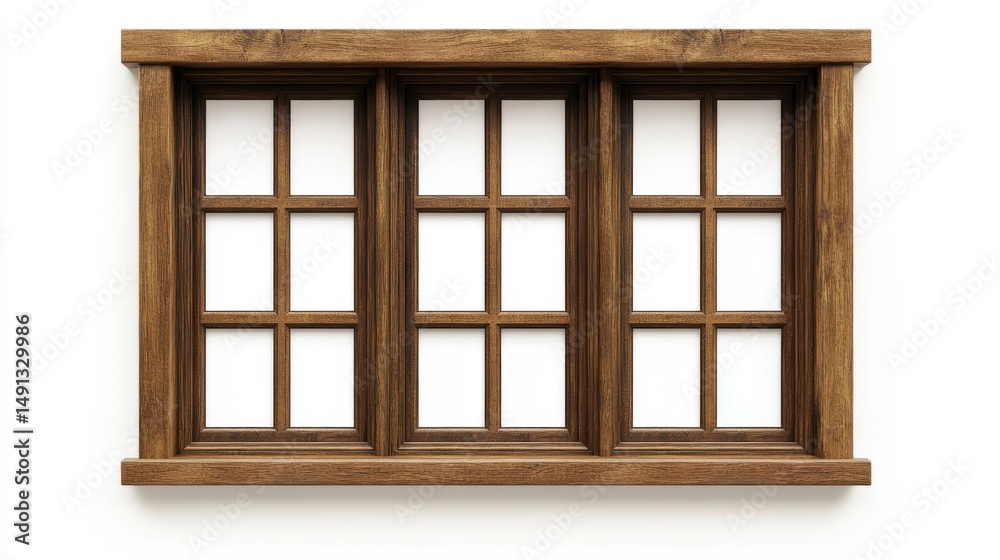 Poster triple-pane rustic wooden window isolated on white background.