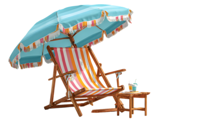 Relaxing Beach Scene with Striped Chair Umbrella and Refreshments for Summer Vacation