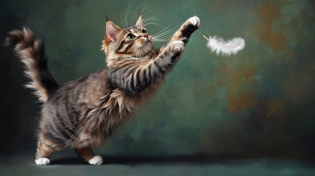 Playful gray tabby cat chasing a feather toy. - Powered by Adobe