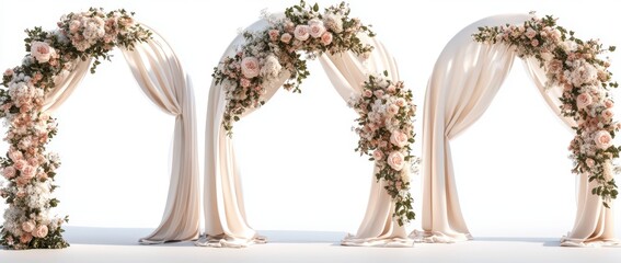 Three Elegant Wedding Arches with Blush Pink Roses and Beige Drapes