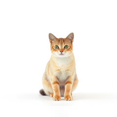 Appreciate the collected bearing of a cat stationed at the midpoint of a stark white plane. Even lighting negates any shadows, highlighting soft whiskers and subtle color fluctuations in the