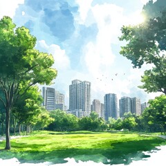 Fototapeta premium Tranquil City Park Watercolor Landscape of Green Trees and City Skyline Under a Sunny Sky