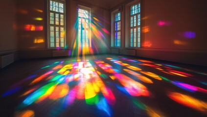 Sunbeams through stained glass illuminate a room, casting vibrant colors on the floor