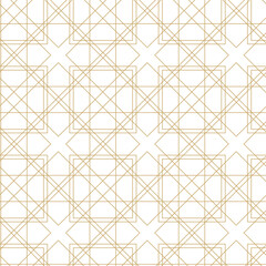 Seamless abstract geometric pattern with gold lines, squares, and shapes on white background. Ideal for fabric, wallpapers, notebooks, gift wrap, packaging, rugs, and branding.
