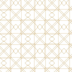 Seamless abstract geometric pattern with gold lines, squares, and shapes on white background. Ideal for fabric, wallpapers, notebooks, gift wrap, packaging, rugs, and branding.