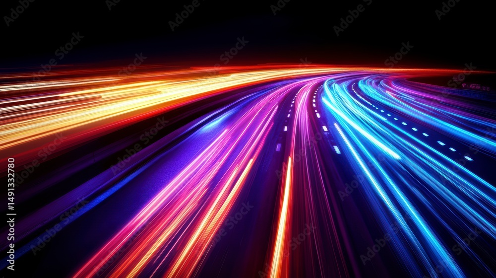 Poster abstract light trails on a highway at night, depicting speed and movement.