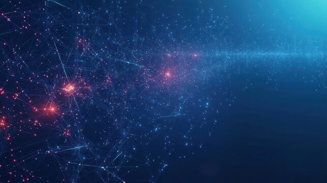 Abstract digital network visualization with interconnected glowing nodes and lines in blue and red hues fading into bright light