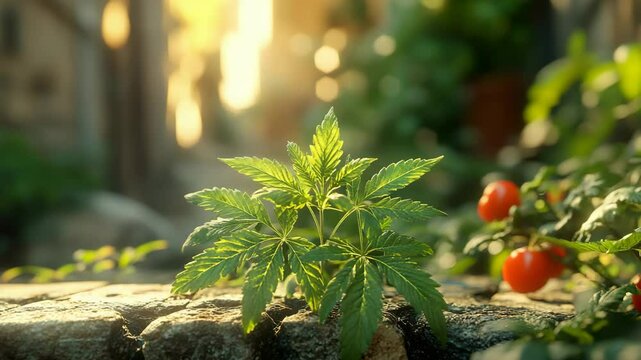 A plant that is growing out of a rock
