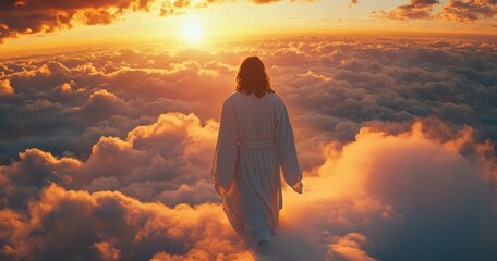 Fototapeta premium Walking on Clouds Sunset Heavenly Figure in White Robes