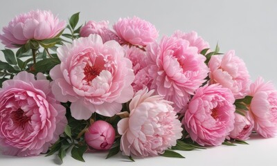 Fototapeta premium Vibrant pink peonies & roses bouquet White backdrop Copy space , close up, petal