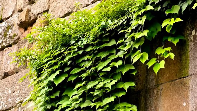 Lush green ivy climbs an old stone wall, creating a natural textured pattern and organic aesthetic.