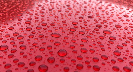 Red surface covered with glistening water droplets creating a textured pattern