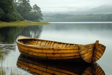 Obraz premium Tranquil wooden rowboat on a serene lake