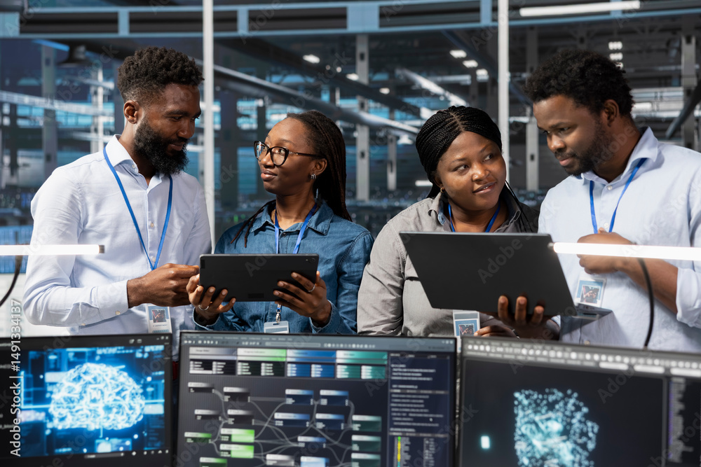 Poster teamworking server room colleagues use artificial intelligence to perform computing tasks. data cent