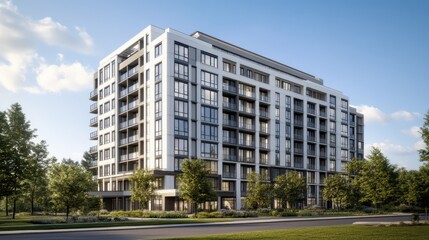 Modern apartment building exterior, luxury condos, residential architecture, city living, real estate photography