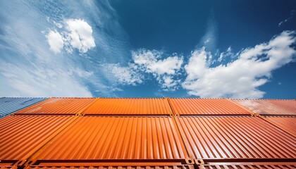 vivid orange shipping container against a bright blue sky with fluffy white clouds minimalist aesthetic