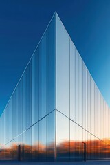 Sharp angular corner of a modern glass building reflecting a vibrant sunset with orange and blue sky hues creating a serene and striking architectural scene