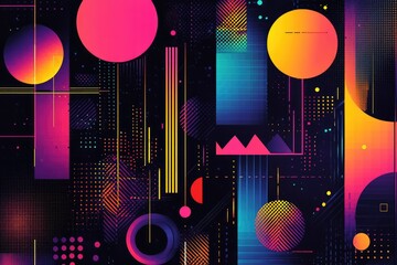 Vibrant geometric shapes, dark backdrop, colorful design